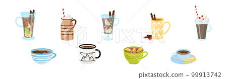 Autumn Hot Drinks in Glass and Mug with Straw Vector Set 99913742