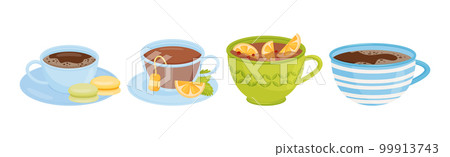 Autumn Hot Drinks in Cup on Saucer Vector Set Autumn Hot Drinks in Cup on Saucer Vector Set 99913743