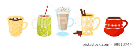 Autumn Hot Drinks in Glass and Mug with Straw Vector Set 99913744