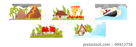 Natural Disaster and Catastrophe with House Damage Vector Set 99913756