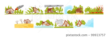 Natural Disaster and Catastrophe with House Damage Vector Set 99913757