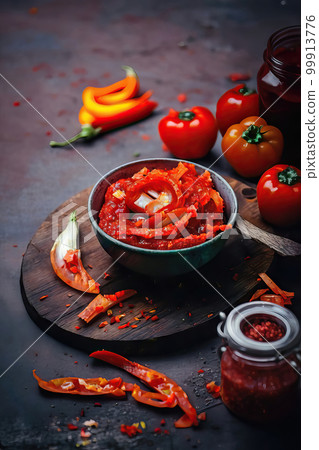 AI generated ajvar made from sweet bell peppers and eggplants AI generated ajvar made from sweet bell peppers and eggplants 99913776