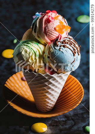 AI generated Colorful ice cream scoops in waffle cone on dark background 99914279