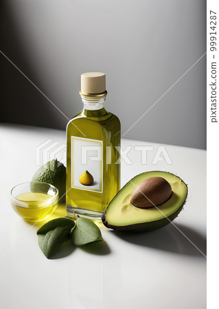 AI generated Avocado oil in a glass bottle with fresh avocados and avocado slices 99914287