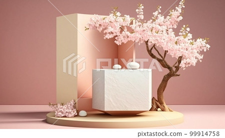 Beautiful background of sakura and coasters. Spring, perfume, 3d 99914758