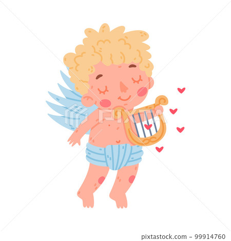 Cute baby Cupid with harp. Blond little boy angel character with wings cartoon vector illustration Cute baby Cupid with harp. Blond little boy angel character with wings cartoon vector illustration 99914760
