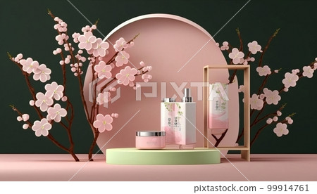 Beautiful background of sakura and coasters. Spring, perfume, 3d 99914761