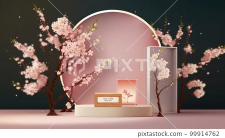 Beautiful background of sakura and coasters. Spring, perfume, 3d 99914762