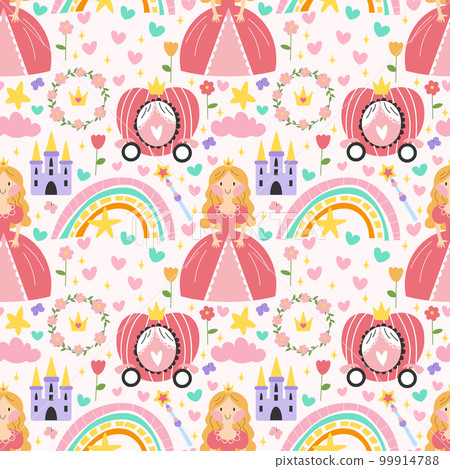 Princess seamless pattern with castle, carriage and rainbow in scandinavian flat style. Girl creative vector childish background for fabric, textile poster, clothing, nursery wall art and card. EPS Princess seamless pattern with castle, carriage and rainbow in scandinavian flat style. Girl creative vector childish background for fabric, textile poster, clothing, nursery wall art and card. EPS 99914788