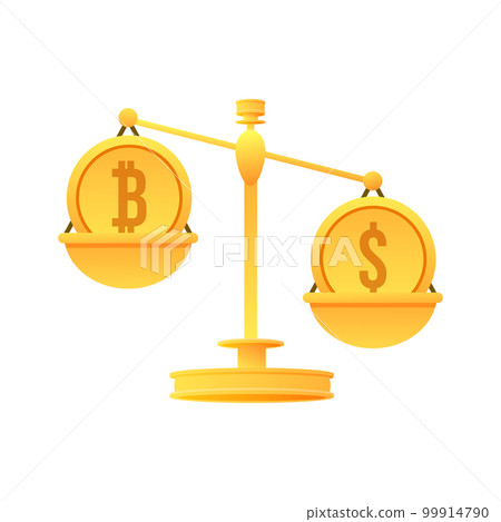 Weigher gold business Bitcoin and dollar on scales golden. Balance of money and cryptocurrency. Flat design of vector illustration. EPS Weigher gold business Bitcoin and dollar on scales golden. Balance of money and cryptocurrency. Flat design of vector illustration. EPS 99914790