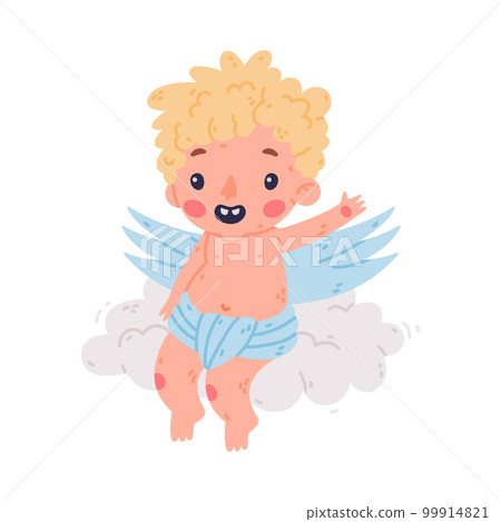 Cute flying baby Cupid. Adorable blond little boy angel character with wings cartoon vector illustration Cute flying baby Cupid. Adorable blond little boy angel character with wings cartoon vector illustration 99914821