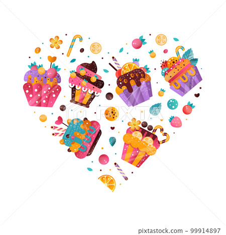 Tasty cupcakes in heart shape. Banner, poster, card for confectionery, bakery shop, cafe advertising vector illustration Tasty cupcakes in heart shape. Banner, poster, card for confectionery, bakery shop, cafe advertising vector illustration 99914897