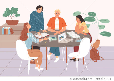 Students studying together, sitting at the table and learning english. 99914904