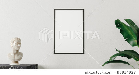 3D rendering of blank rectangular vertical frame hanging on white wall 99914928