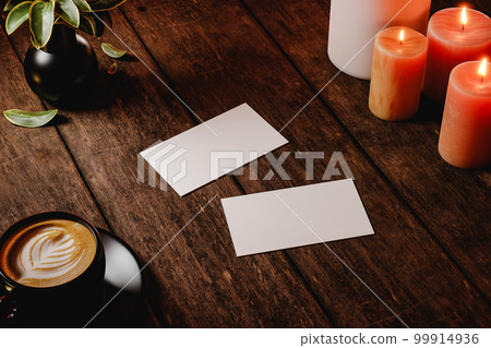 Two business cards on wooden rustic table. Template for branding. 3d render Two business cards on wooden rustic table. Template for branding. 3d render 99914936