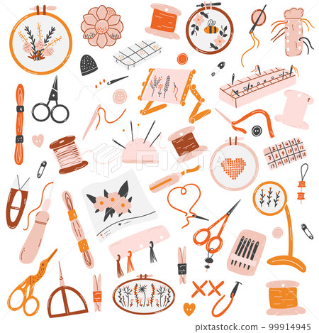 Concept of sewing, embroidery, handicraft, hobby. Hand drawn vector needlework tools as scissors, needles, threads, hoops, floss, organizers, bobbins 99914945