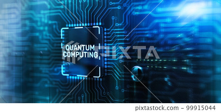 Quantum computing concept. The inscription on 3d Electronic Circuit Board Chip Quantum computing concept. The inscription on 3d Electronic Circuit Board Chip 99915044