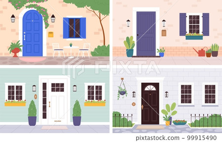 House entrance exterior, wooden doors and plants. Outside wall apartment, residential elegant entry. Flat home front door and windows racy vector scenes 99915490