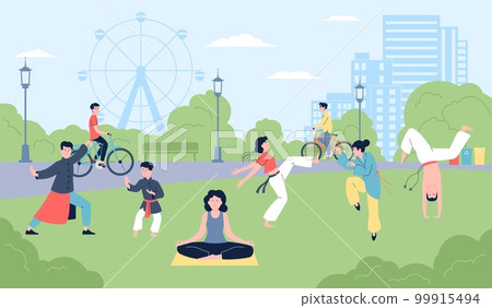 People training sport in city park. Stretch and bicycle, active exercise and meditation. Outdoor fitness for adult and young. Rest on nature recent vector scene People training sport in city park. Stretch and bicycle, active exercise and meditation. Outdoor fitness for adult and young. Rest on nature recent vector scene 99915494