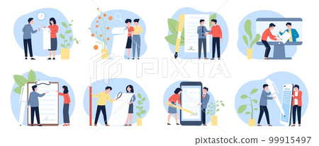 Person sign documents, contract or agreement. Electronic signature, digital deal business colleagues. Writing and settlement plan, recent vector scenes Person sign documents, contract or agreement. Electronic signature, digital deal business colleagues. Writing and settlement plan, recent vector scenes 99915497