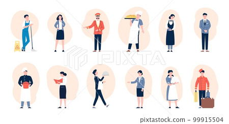 Flat hospitality workers, hotel restaurant team. People wear uniform, baker and waiter, cleaners and porter. Service staff recent vector characters 99915504