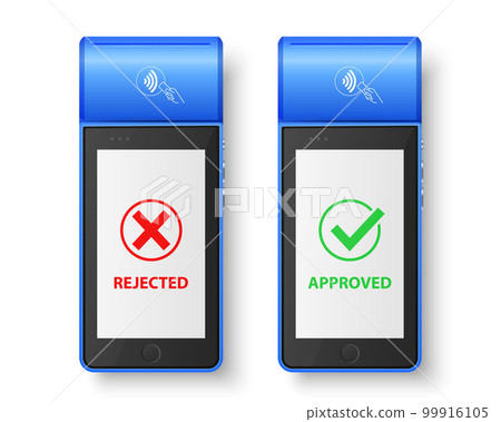 Vector 3d Blue NFC Payment Machine with Approved and Rejected Status Isolated. Wi-fi, Wireless Payment. POS Terminal, Machine Design Template of Bank Payment Contactless Terminal, Mockup. Top VIew 99916105