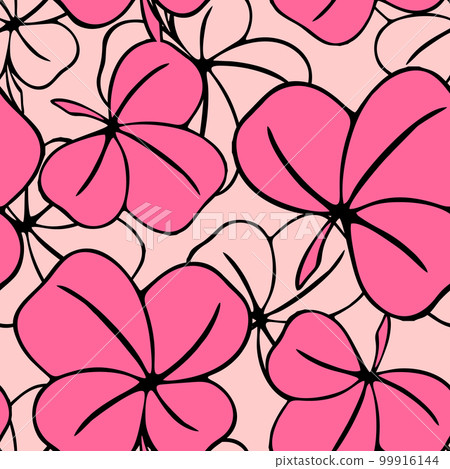 seamless asymmetric pattern of clover leaves in pink colors and black contouros, design, texture seamless asymmetric pattern of clover leaves in pink colors and black contouros, design, texture 99916144