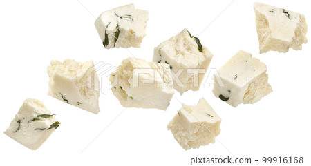 Falling feta pieces isolated on white background 99916168