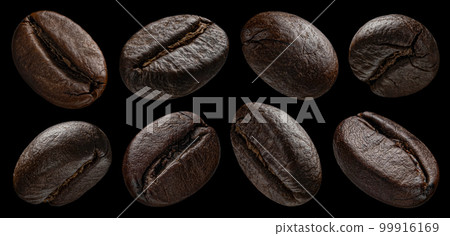 Falling coffee beans isolated on black background 99916169