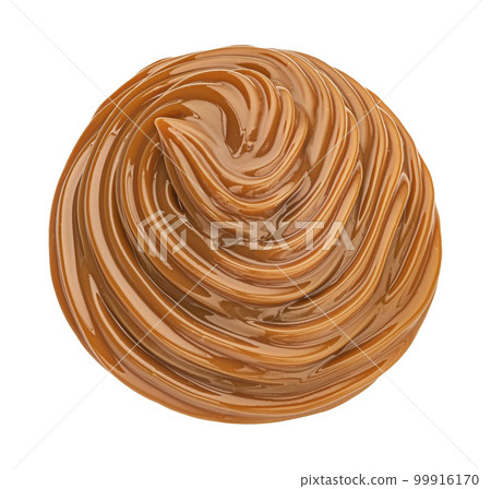 Melted caramel cream swirl isolated on white background, top view Melted caramel cream swirl isolated on white background, top view 99916170
