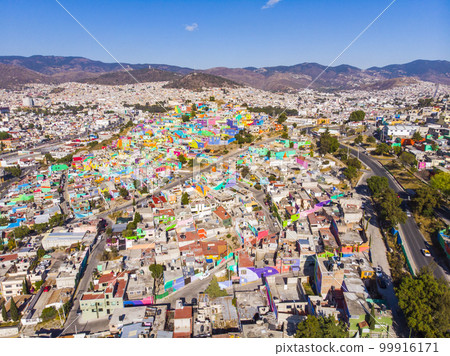 Colorful buildings in Cubitos district in Pachuca, Hidalgo state, Mexico. Grand Mural - the biggest Mural in the World 99916171