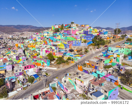 Colorful buildings in Cubitos district in Pachuca, Hidalgo state, Mexico. Grand Mural - the biggest Mural in the World Colorful buildings in Cubitos district in Pachuca, Hidalgo state, Mexico. Grand Mural - the biggest Mural in the World 99916172