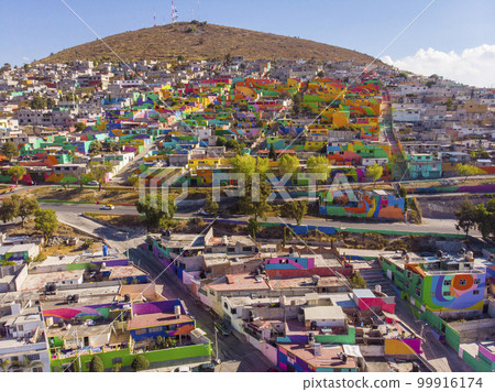 Colorful buildings in Cubitos district in Pachuca, Hidalgo state, Mexico. Grand Mural - the biggest Mural in the World Colorful buildings in Cubitos district in Pachuca, Hidalgo state, Mexico. Grand Mural - the biggest Mural in the World 99916174