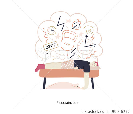 Mental disorders illustration. Procrastination - modern flat vector illustration of man suffering under the weight of problems and obligations. People emotional, psychological, mental traumas concept Mental disorders illustration. Procrastination - modern flat vector illustration of man suffering under the weight of problems and obligations. People emotional, psychological, mental traumas concept 99916232