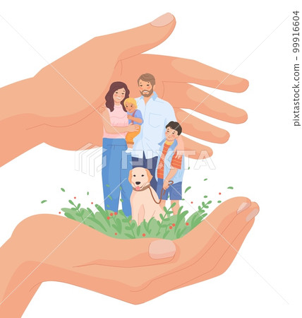 Hands protect family. Families care service concept for insurance advertising, safety life happy parenthood love couple children together, kid hug father secure vector illustration 99916604