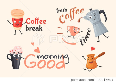 Coffee pot characters. Cartoon moka coffeepot and coffe cup friends lettering stickers, cute cezve character comic face espresso cupping cafe barista concept vector illustration Coffee pot characters. Cartoon moka coffeepot and coffe cup friends lettering stickers, cute cezve character comic face espresso cupping cafe barista concept vector illustration 99916605
