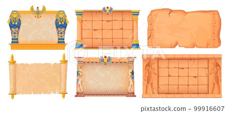 Egyptian game frames. Egypt ancient old brick wall of temple with columns or temple-pillar, medieval tomb history relief on walls for frame interface, ingenious vector illustration Egyptian game frames. Egypt ancient old brick wall of temple with columns or temple-pillar, medieval tomb history relief on walls for frame interface, ingenious vector illustration 99916607