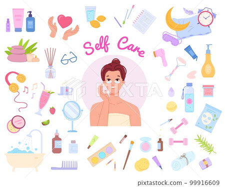 Self care routine. Women morning rituals, skincare habit routine or beauty packing ideas, wellbeing lifestyle natural product sleep skin mask face scrub, swanky vector illustration Self care routine. Women morning rituals, skincare habit routine or beauty packing ideas, wellbeing lifestyle natural product sleep skin mask face scrub, swanky vector illustration 99916609