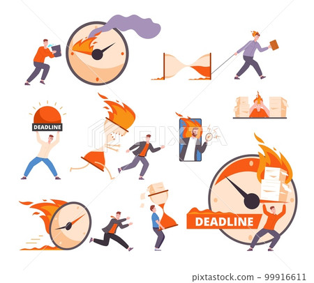 Workload deadline. Overwhelmed employees finishing burning work, rushed manager hard jobs office stress burnout depressed tired employee time pressure, splendid vector illustration Workload deadline. Overwhelmed employees finishing burning work, rushed manager hard jobs office stress burnout depressed tired employee time pressure, splendid vector illustration 99916611
