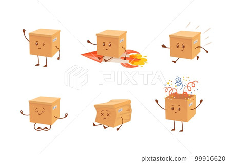 Delivery box mascot. Cartoon parcel characters, funny courier packages cute happy sad face of delivery boxes crumpled post cardboard kawaii kid carton character vector illustration 99916620
