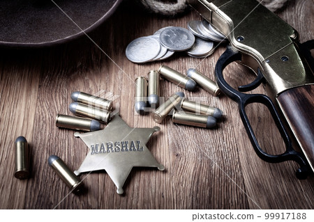 Old west rifle, ammunition and sheriff badge 99917188