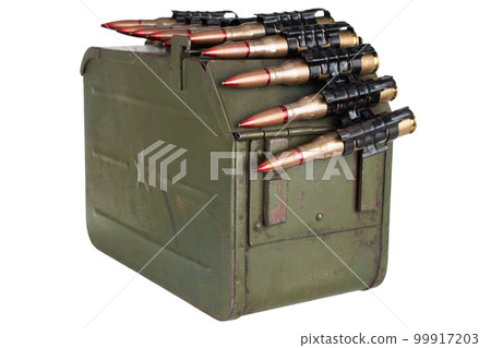 Ammo box with ammunition belt and 12.7mm cartridges for heavy machine gun DSHK used by the former Soviet Union isolated on white. 99917203