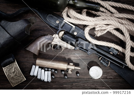 Old West. Percussion Army Revolver with paper cartridges, bullets, powder flask and holster Old West. Percussion Army Revolver with paper cartridges, bullets, powder flask and holster 99917216