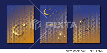 Ramadan Kareem 2023 vector set greeting card. Gold half moon on blue background. Golden holiday poster with text, islamic symbol. Concept Muslim religion banner, flyer, party invitation, sale shop Ramadan Kareem 2023 vector set greeting card. Gold half moon on blue background. Golden holiday poster with text, islamic symbol. Concept Muslim religion banner, flyer, party invitation, sale shop 99917663