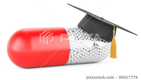 Medicament capsule with education hat. 3D rendering Medicament capsule with education hat. 3D rendering 99917779