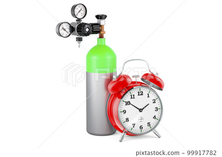 Oxygen tank, gas cylinder with alarm clock, 3D rendering Oxygen tank, gas cylinder with alarm clock, 3D rendering 99917782