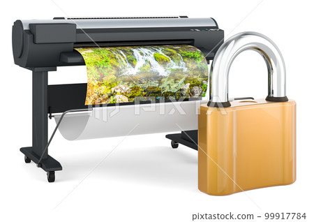 Plotter, large format inkjet printer with padlock, 3D rendering 99917784