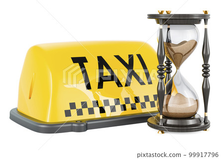 Taxi car signboard with sand hourglass. 3D rendering Taxi car signboard with sand hourglass. 3D rendering 99917796