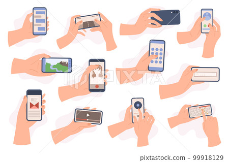Set of Hands Holding Smartphones. People Using Touch Gestures For Mobile Phone While Reading, Press And Point Set of Hands Holding Smartphones. People Using Touch Gestures For Mobile Phone While Reading, Press And Point 99918129
