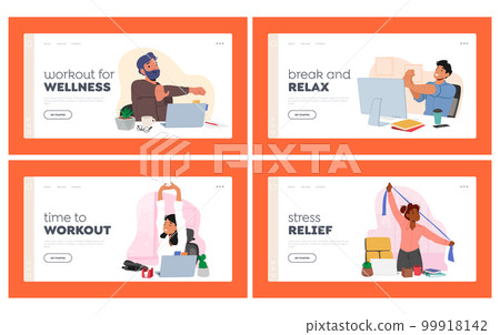 Healthy Habits In Workplace Landing Page Template Set. Male and Female Characters Workout In Office Vector Illustration Healthy Habits In Workplace Landing Page Template Set. Male and Female Characters Workout In Office Vector Illustration 99918142